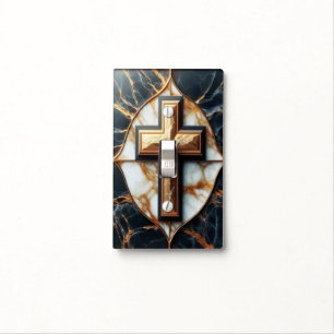 Unveiled Black and White Marble Cross With Gold Light Switch Cover