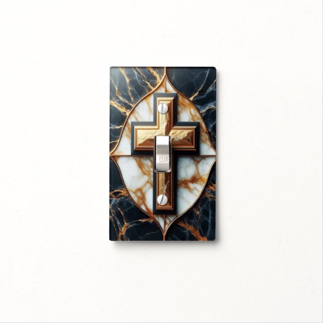 Unveiled Black and White Marble Cross With Gold  Light Switch Cover (In Situ)