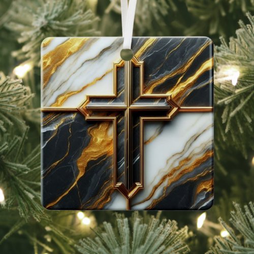 Unveiled Black and White Marble Cross With Gold Metal Ornament