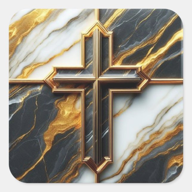 Unveiled Black and White Marble Cross With Gold Square Sticker (Front)