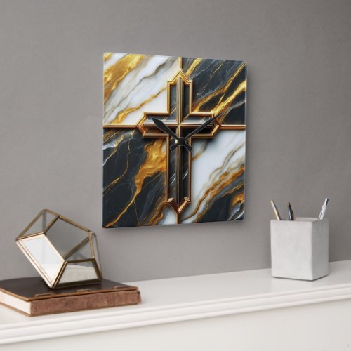 Unveiled Black and White Marble Cross With Gold  Square Wall Clock