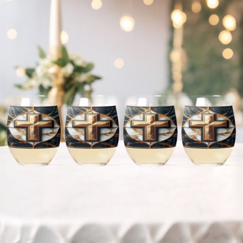 Unveiled Black and White Marble Cross With Gold  Stemless Wine Glass