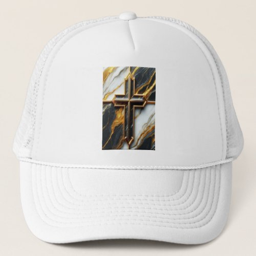 Unveiled Black and White Marble Cross With Gold Trucker Hat