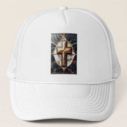 Unveiled Black and White Marble Cross With Gold  Trucker Hat