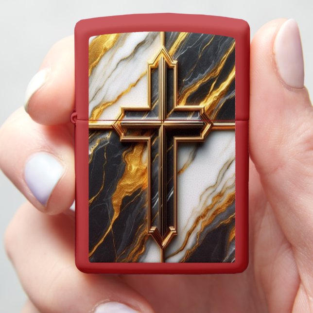 Unveiled Black and White Marble Cross With Gold Zippo Lighter (In Hand)