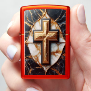 Unveiled Black and White Marble Cross With Gold Zippo Lighter