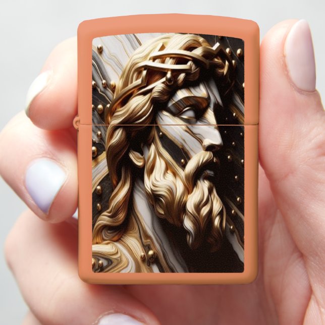 Unveiled Black and White Marble Cross With Gold Zippo Lighter (In Hand)