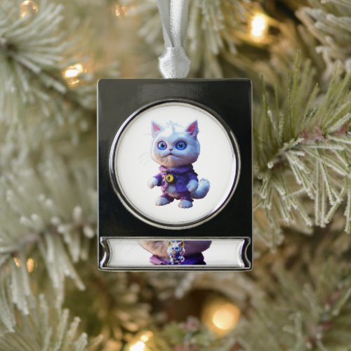 Unveiling the Enigmatic CGI White Cat Monster  Silver Plated Banner Ornament