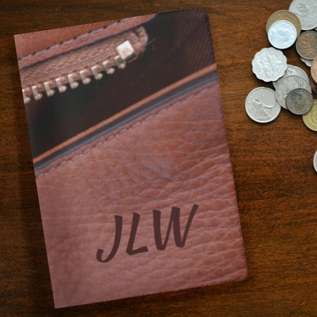 Unzipped Brown Faux Leather with Initials Stylish Passport Holder (Creator Uploaded)