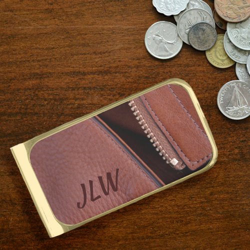 Unzipped Leather with Initials Gold Finish Money Clip