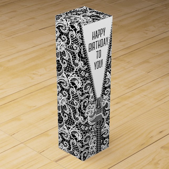 Unzipped Zipper Lace On Black for Birthday Wine Box (Front)
