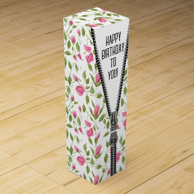 Unzipped Zipper with Pink Rosebuds Design Wine Box (Front)