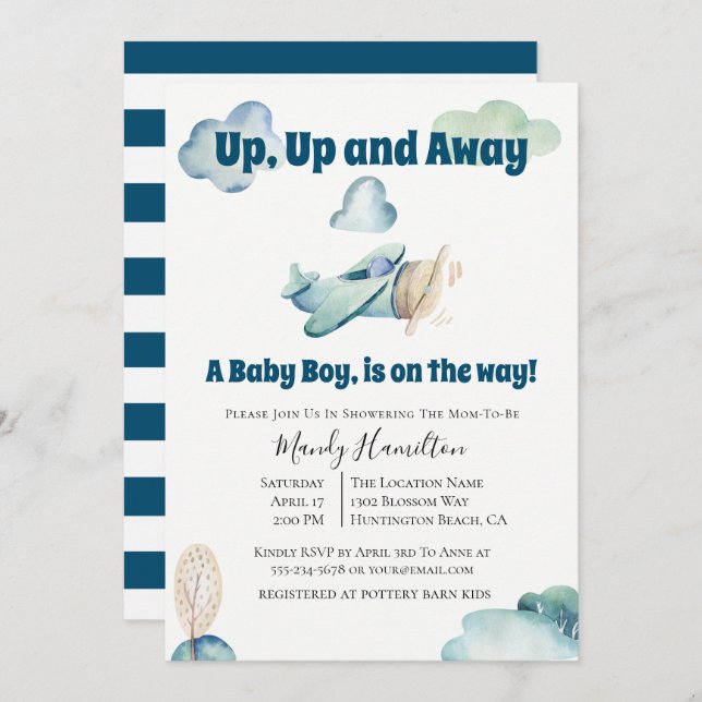 Up And Away Airplane Baby Shower Invitation (Front/Back)