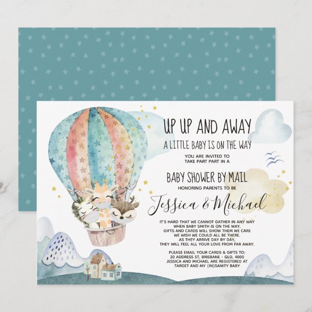 Up and Away Animals in Mask Baby Shower by Mail Invitation (Front/Back)