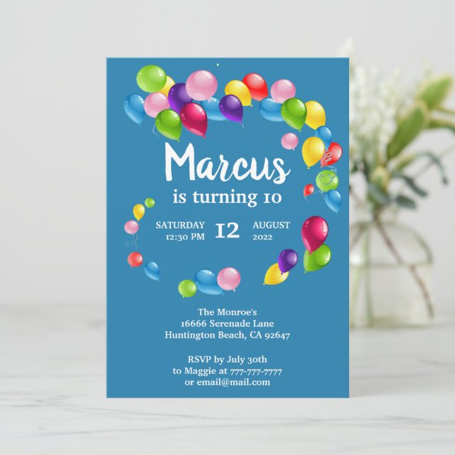 Up and Away Balloons Birthday Party Invitation (Standing Front)