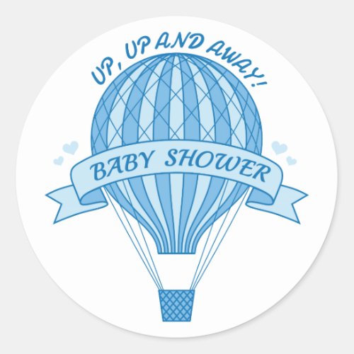 Up and away blue hot air balloon baby shower classic round sticker