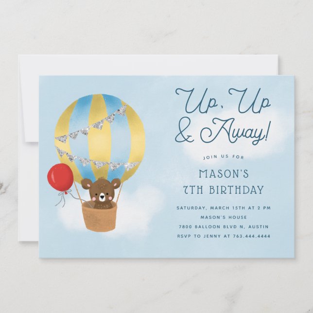 Up and Away Blue Hot Air Balloon Birthday Invitation (Front)
