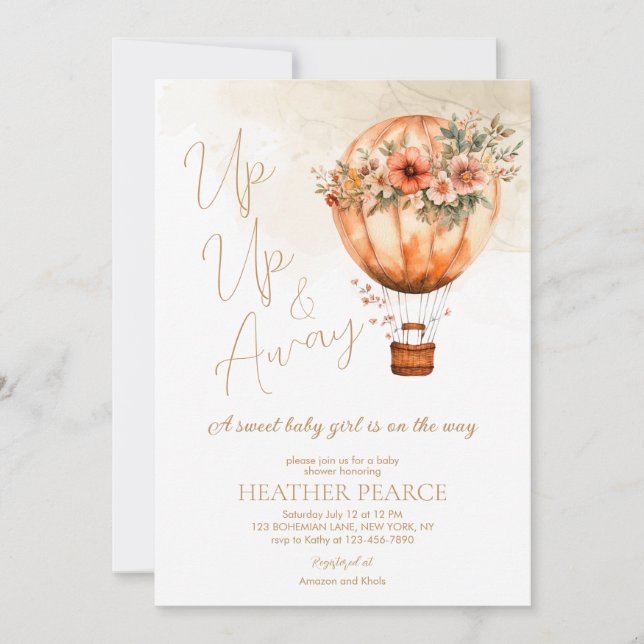 Up and Away Boho Hot Air Balloon Girl Baby Shower Invitation (Front)