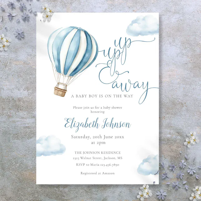 Up And Away Boy Blue Hot Air Balloon Baby Shower Invitation | Zazzle