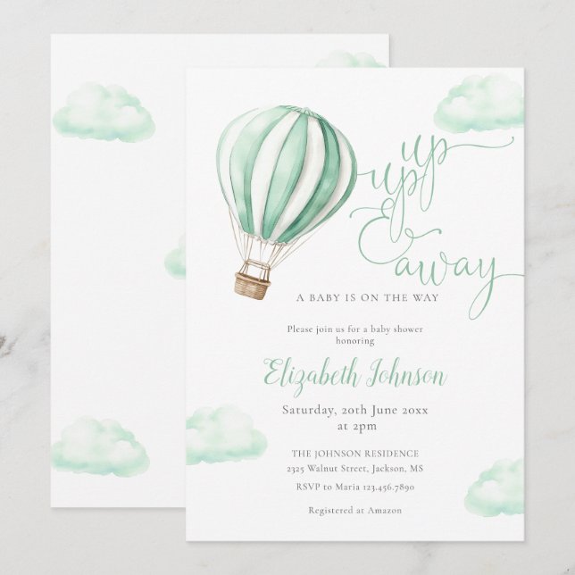 Up And Away Hot Air Balloon Neutral Baby Shower Invitation (Front/Back)