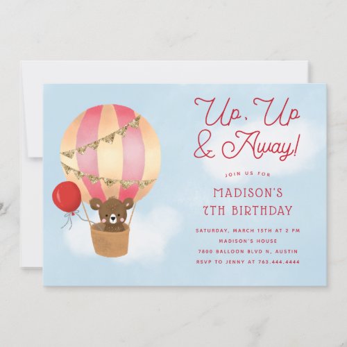 Up and Away Red Hot Air Balloon Birthday Invitation