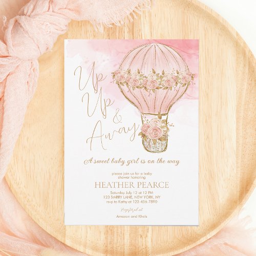 Up and Away Rose Hot Air Balloon Girl Baby Shower Invitation