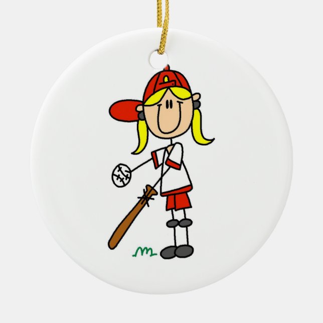 Up At Bat Girl Stick Figure Baseball Gifts Ceramic Ornament (Front)
