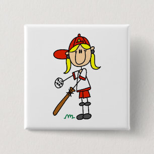 Up At Bat Girl Stick Figure Baseball Gifts Pinback Button