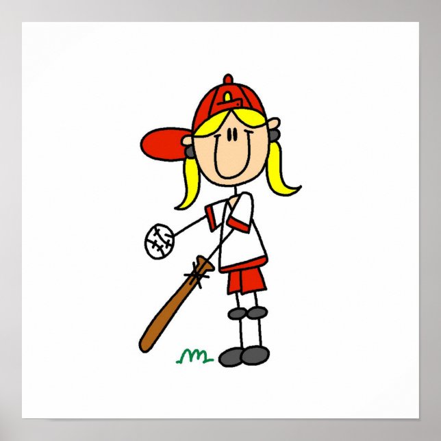 Up At Bat Girl Stick Figure Baseball Gifts Poster (Front)
