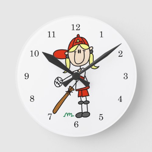 Up At Bat Girl Stick Figure Baseball Gifts Round Clock