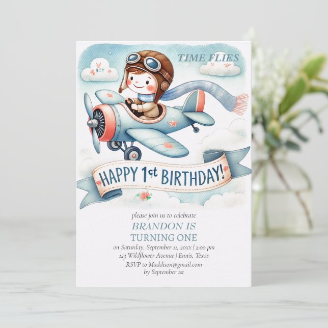 Up & Away 1st Birthday Boy Airplane Invitation (Standing Front)