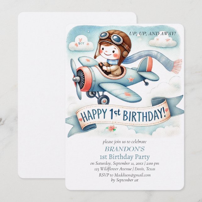 Up & Away 1st Birthday Boy Airplane Invitation (Front/Back)