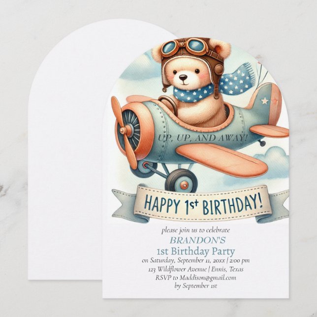 Up & Away 1st Birthday Boy Airplane Invitation (Front/Back)