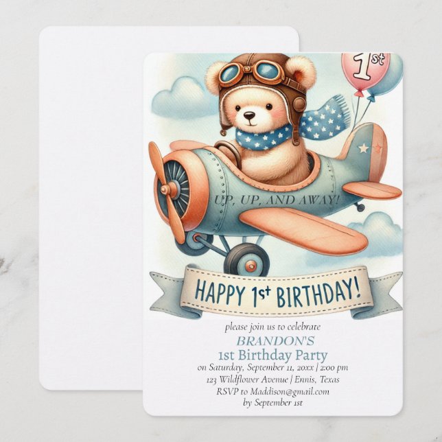 Up & Away 1st Birthday Boy Airplane Invitation (Front/Back)