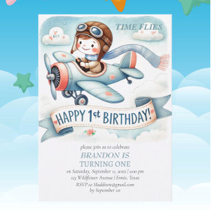 Up & Away 1st Birthday Boy Airplane Invitation
