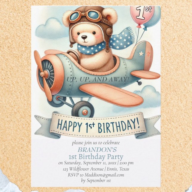 Up & Away 1st Birthday Boy Airplane Invitation (Creator Uploaded)
