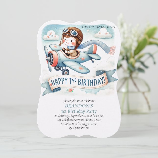 Up & Away 1st Birthday Boy Airplane Invitation (Standing Front)