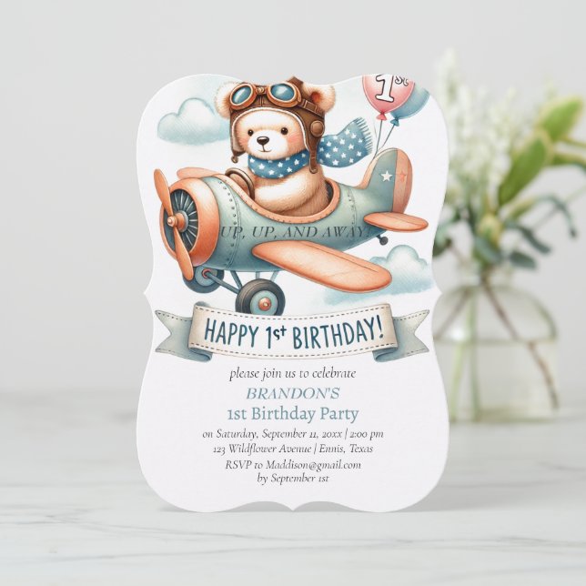 Up & Away 1st Birthday Boy Airplane Invitation (Standing Front)