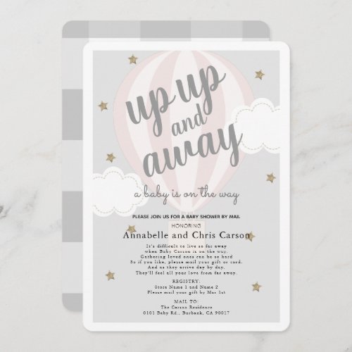 Up Away Hot Air Balloon Pink Baby Shower by Mail Invitation