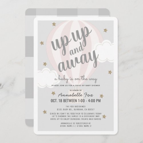 Up Away Hot Air Balloon Pink Drive_by Baby Shower Invitation