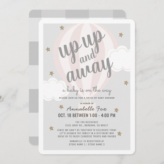 Up Away Hot Air Balloon Pink Drive-by Baby Shower Invitation (Front/Back)
