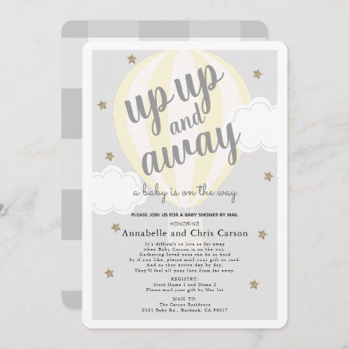 Up Away Hot Air Balloon Yellow Baby Shower by Mail Invitation