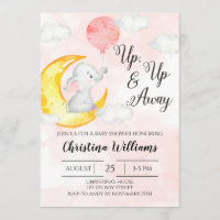 Up Away Pink Watercolor Elephant Girl Baby Shower Invitation