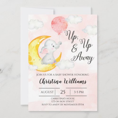 Up Away Pink Watercolor Elephant Girl Baby Shower Invitation
