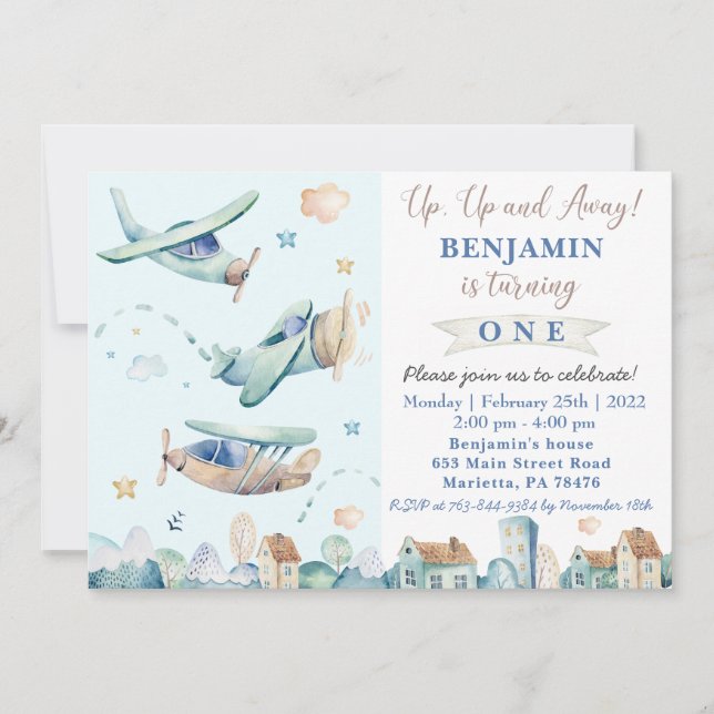 Up & Away | Vintage Airplane Birthday Party Invite (Front)