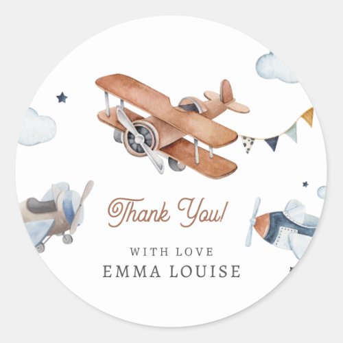 Up  Away Vintage Watercolor Airplane Baby Shower Classic Round Sticker