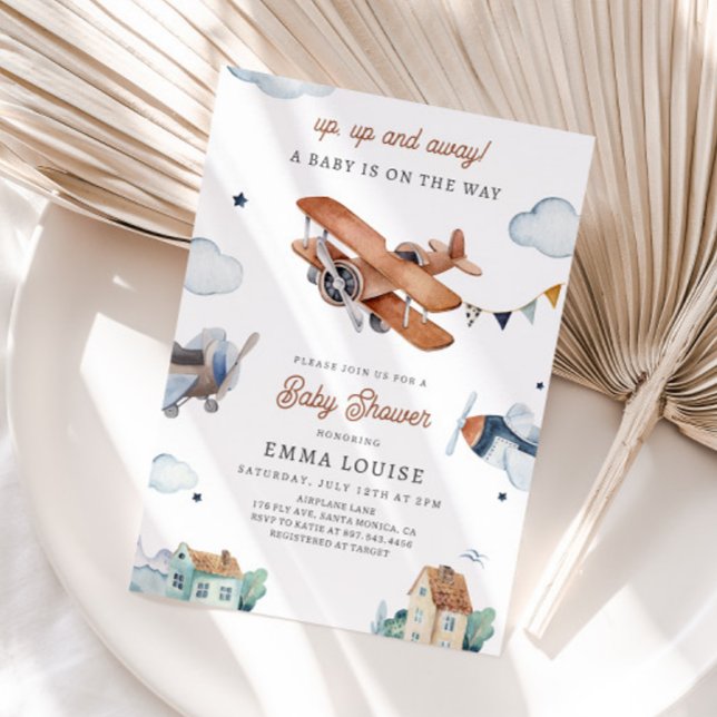 Up & Away, Vintage Watercolor Airplane Baby Shower Invitation (Creator Uploaded)