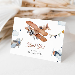 Up & Away, Vintage Watercolor Airplane Baby Shower Thank You Card