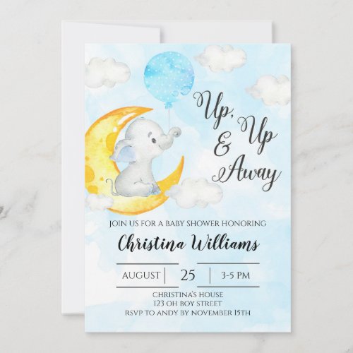 Up  Away Watercolor Elephant Boy Baby Shower Invitation