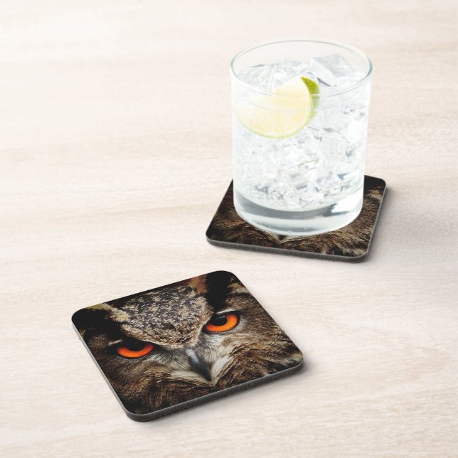 Up Close Owl with Orange Eyes Beverage Coaster (Right Side)